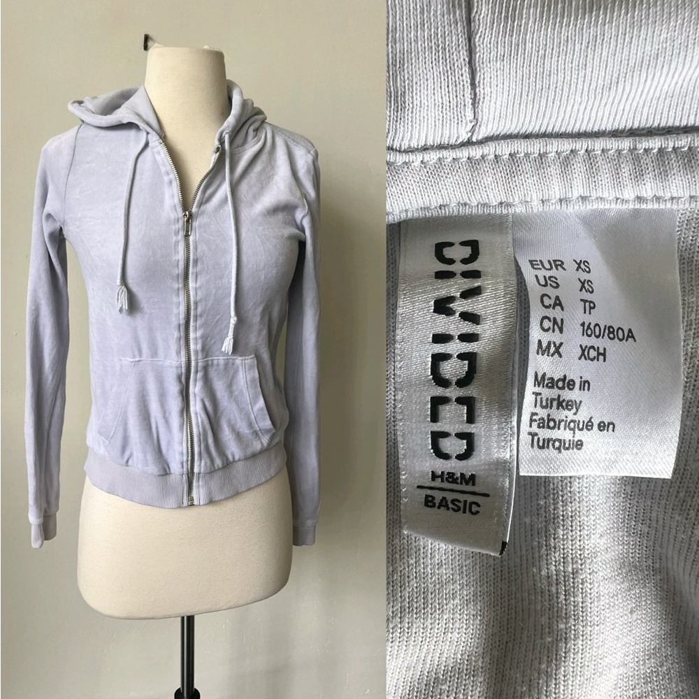 H&M Velour Light Grey Zip Up Hoodie Sweatshirt Size XS